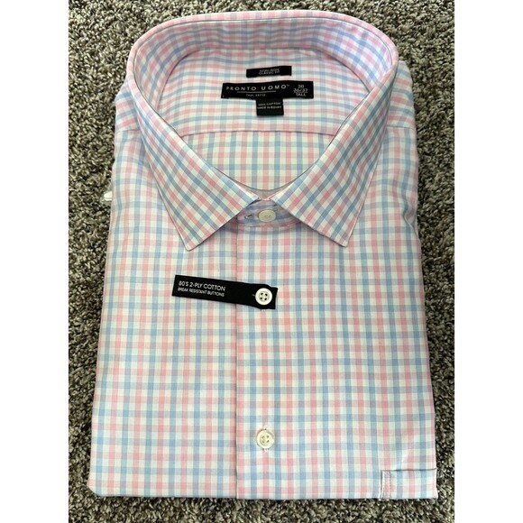 Pronto Uomo 80’s 2-Ply Cotton Dress Shirt Blue Pink New (553) - Picture 1 of 3
